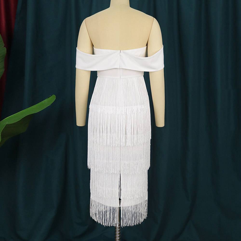 Mid-Calf Off Shoulder Short Sleeve Tassel Summer Women's Sheath Dress