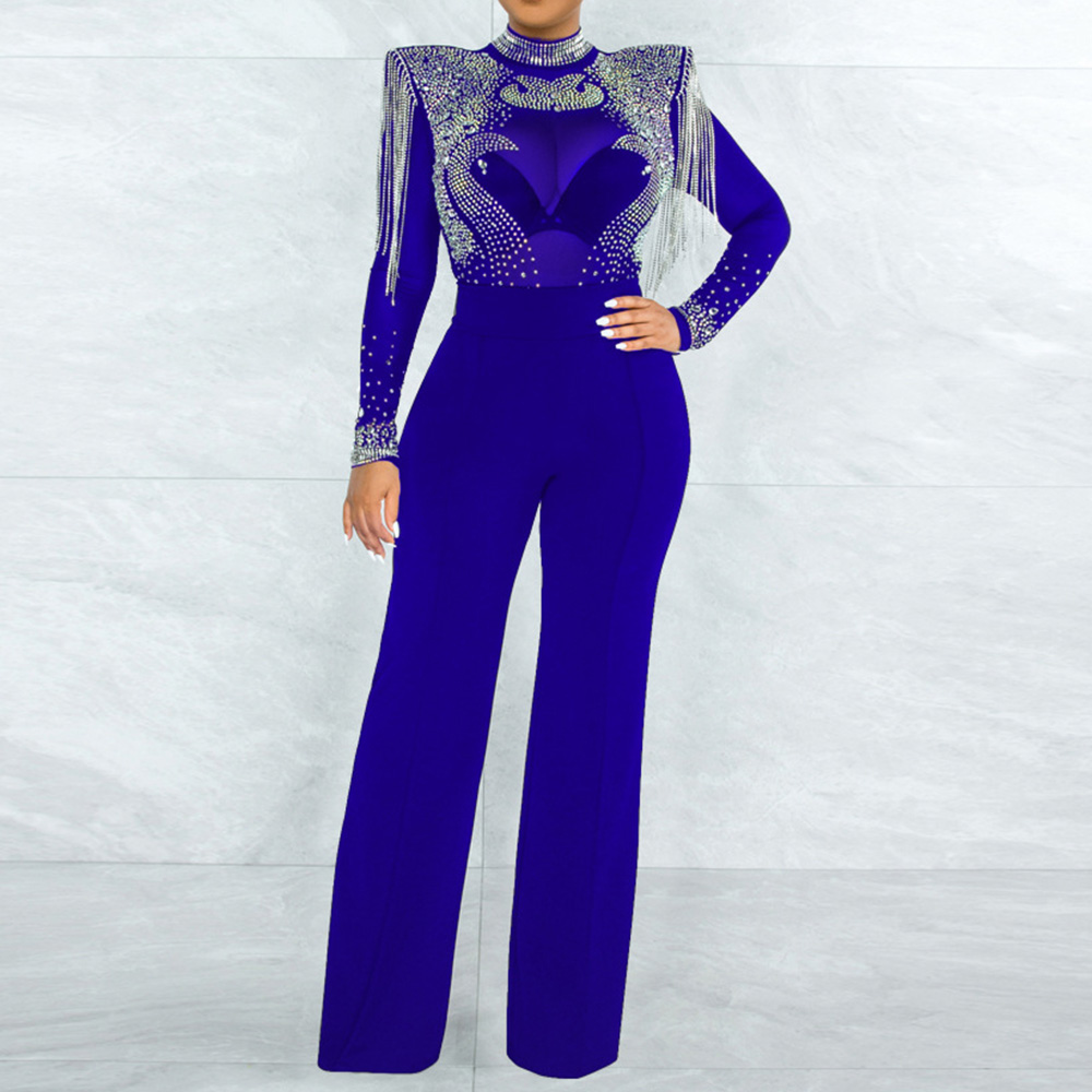 Full Length Color Block Sexy See-Through Mid Waist Women's Jumpsuit