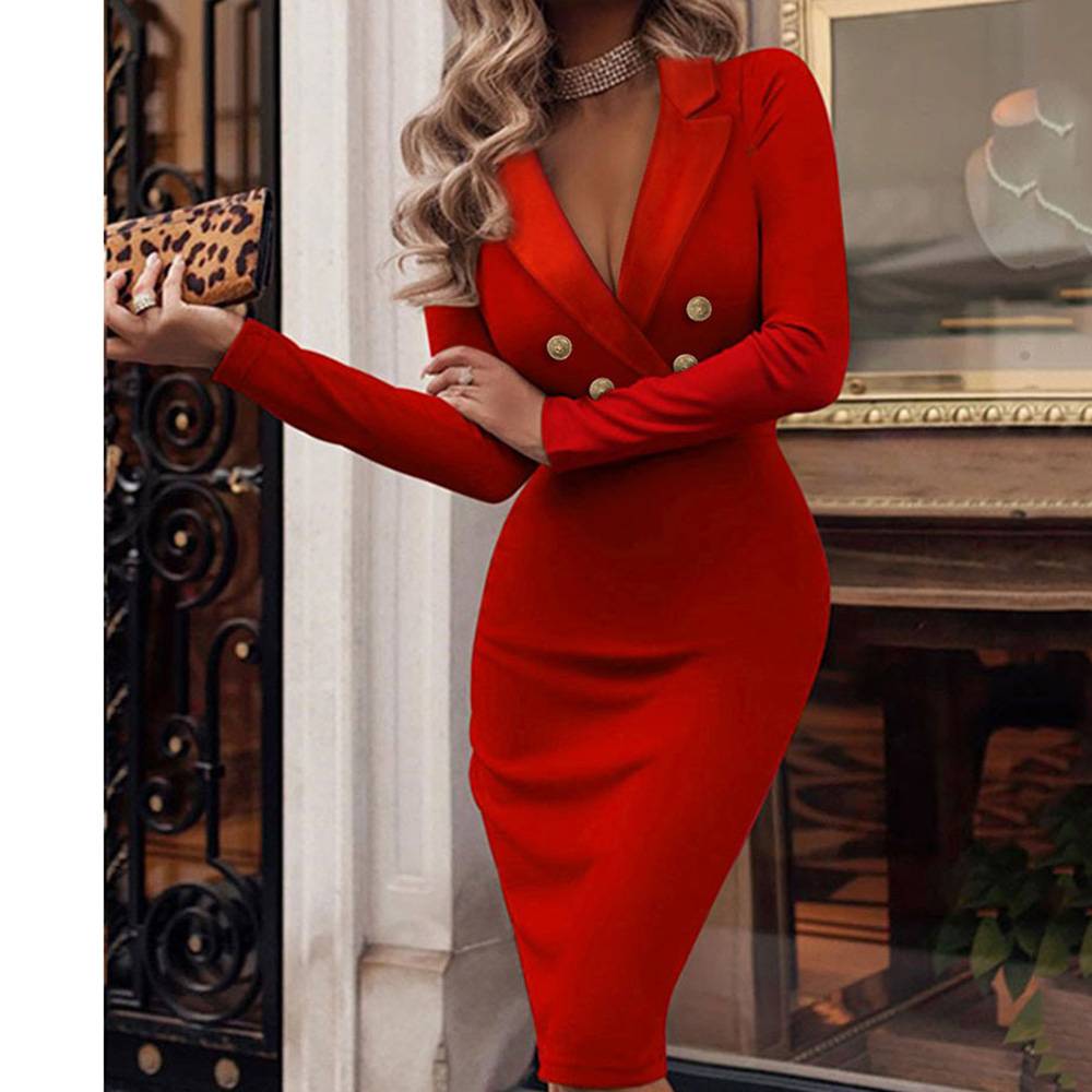 Button Knee-Length Long Sleeve High Waist Women's Dress