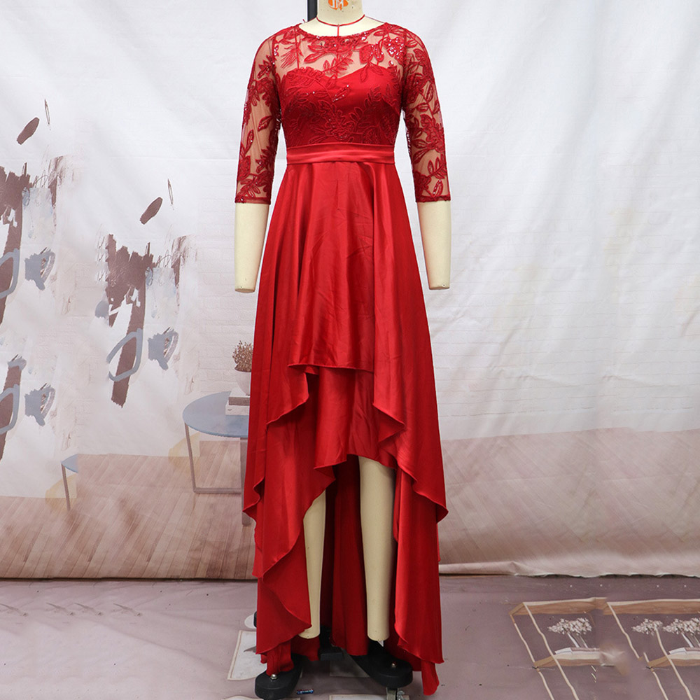 Falbala Half Sleeve Round Neck Floor-Length Plain Women's Dress