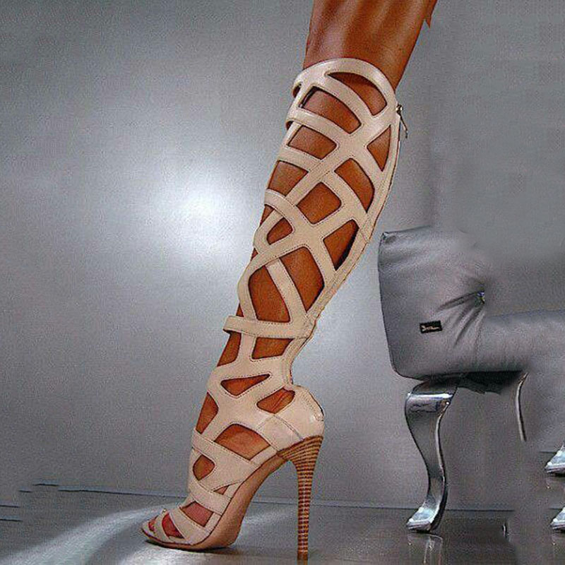 Stiletto Heel Round Toe Hollow Back Zipper Plain Knee-High Women's Sandals