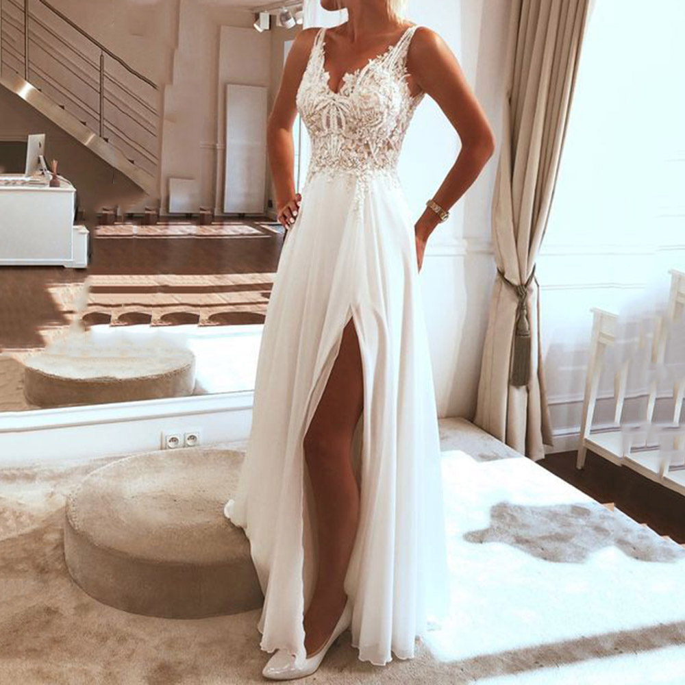 Wedding Guest Dress V-Neck Sleeveless Floor-Length Appliques Split Women's Dress