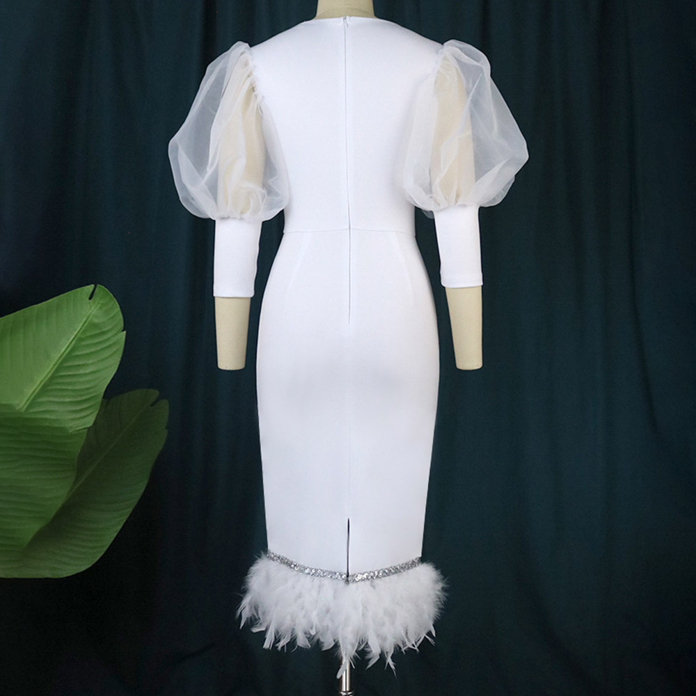 Mid-Calf Nine Points Sleeve Round Neck Feather Plain Women's Dress