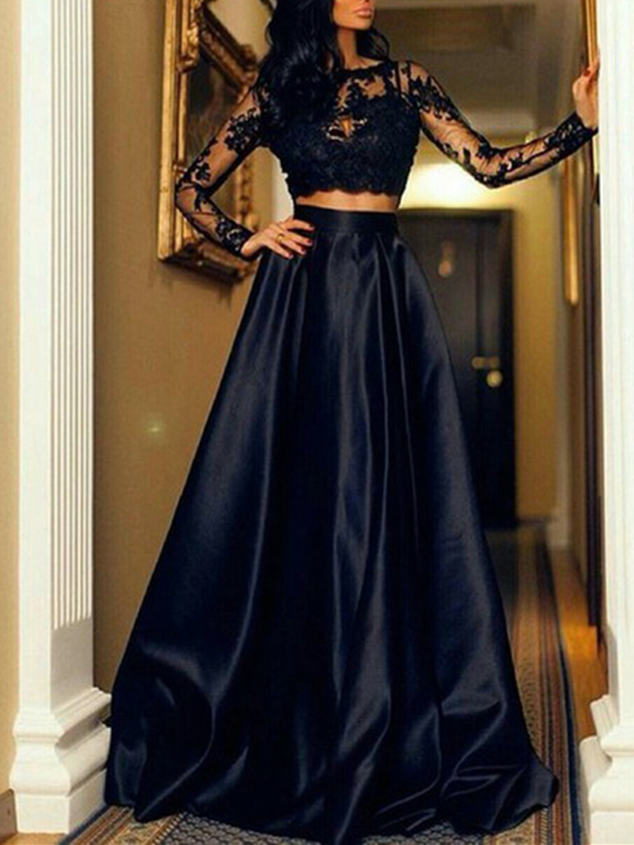 Appliques Long Sleeves Two Pieces Prom Dress