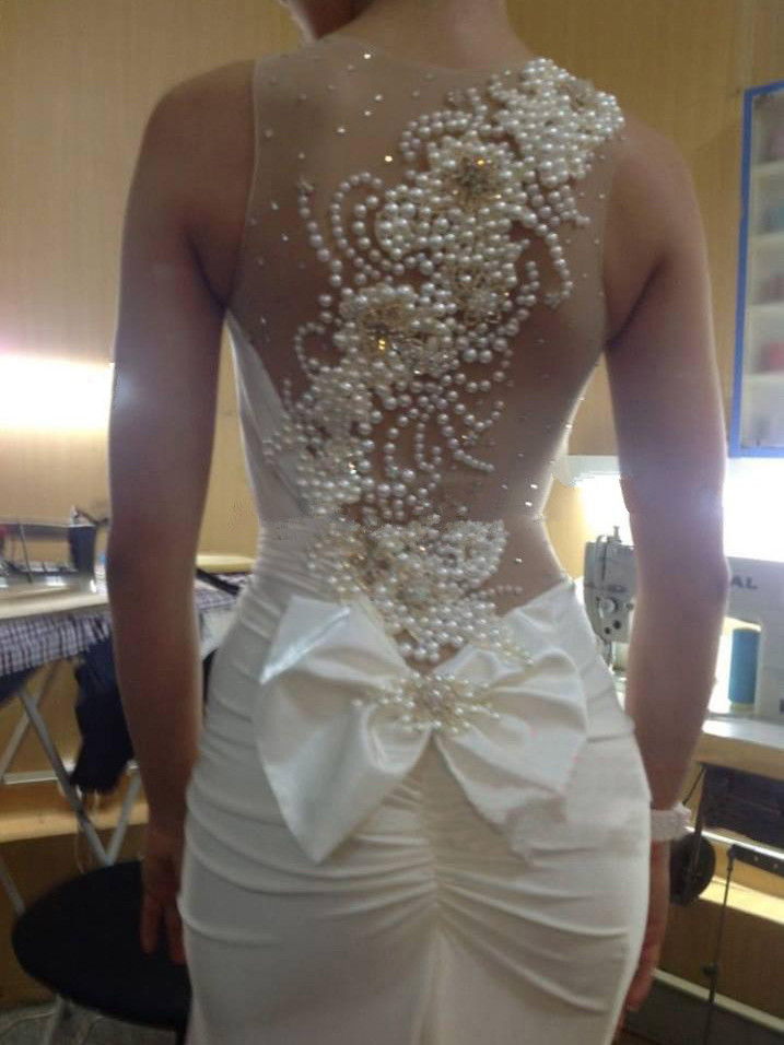 Pearls See-Through Back Sheath Beach Wedding Dress