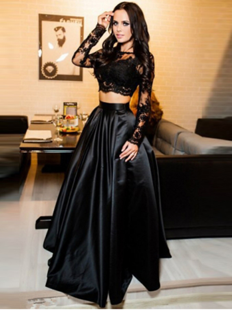 Appliques Long Sleeves Two Pieces Prom Dress