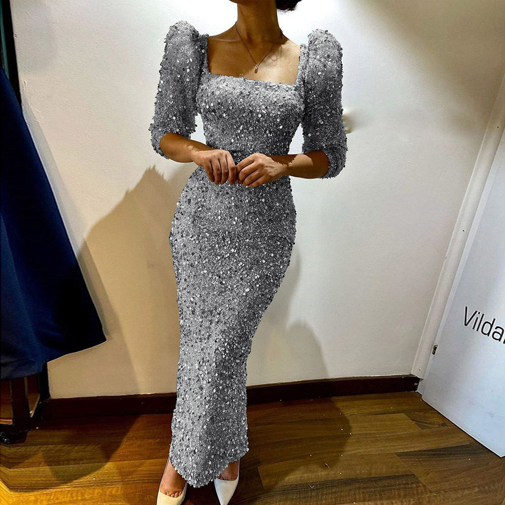 Three-Quarter Sleeve Square Neck Ankle-Length Sequins Mid Waist Women's Party Dress