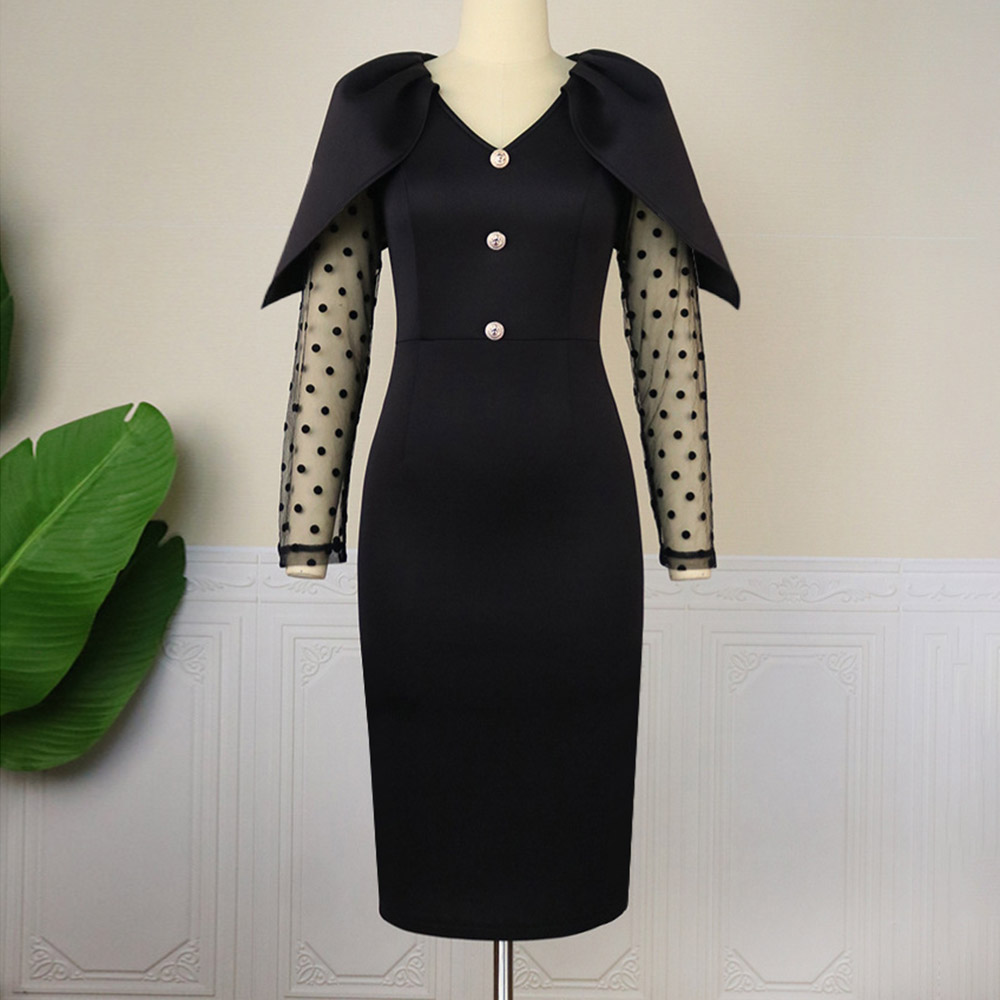Mid-Calf Patchwork V-Neck Long Sleeve Pullover Women's Dress
