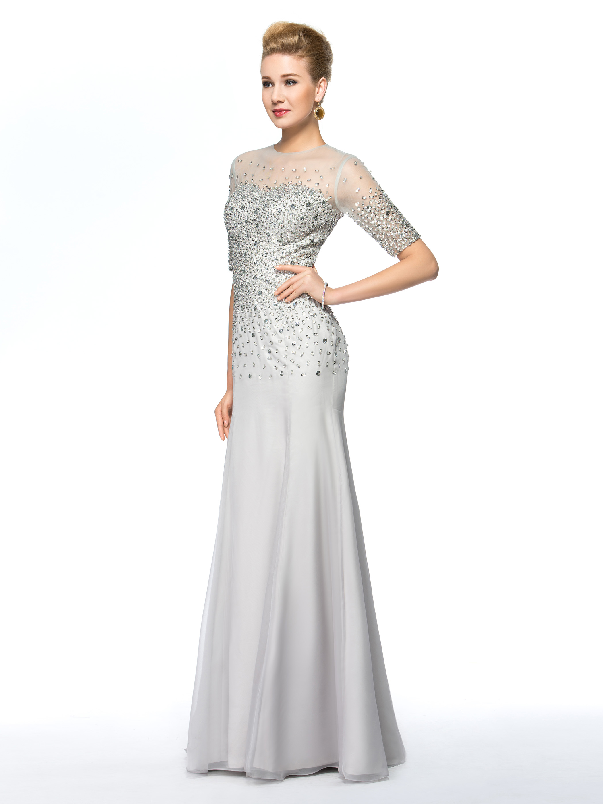 Sheath Chiffon Sequins Beading Sequins Half Sleeves Mother of the Bride Dress