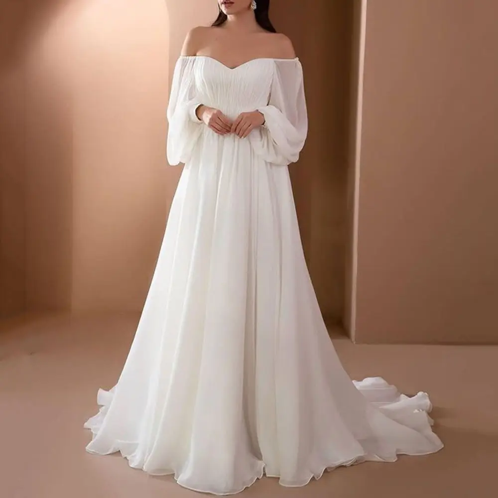 Off-The-Shoulder A-Line Floor-Length Long Sleeves Garden Wedding Dress 2022