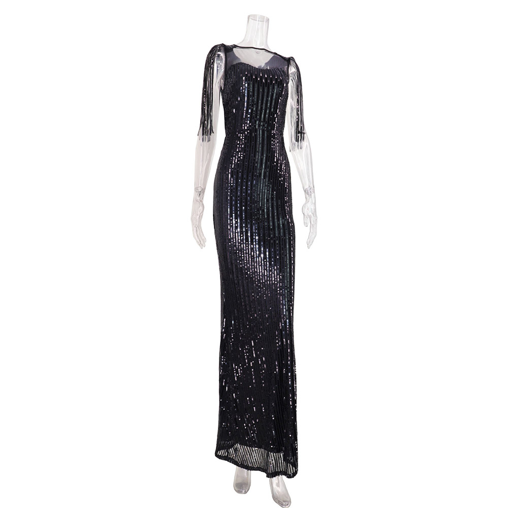 Tassel Round Neck Half Sleeve Floor-Length Mermaid Women's Dress
