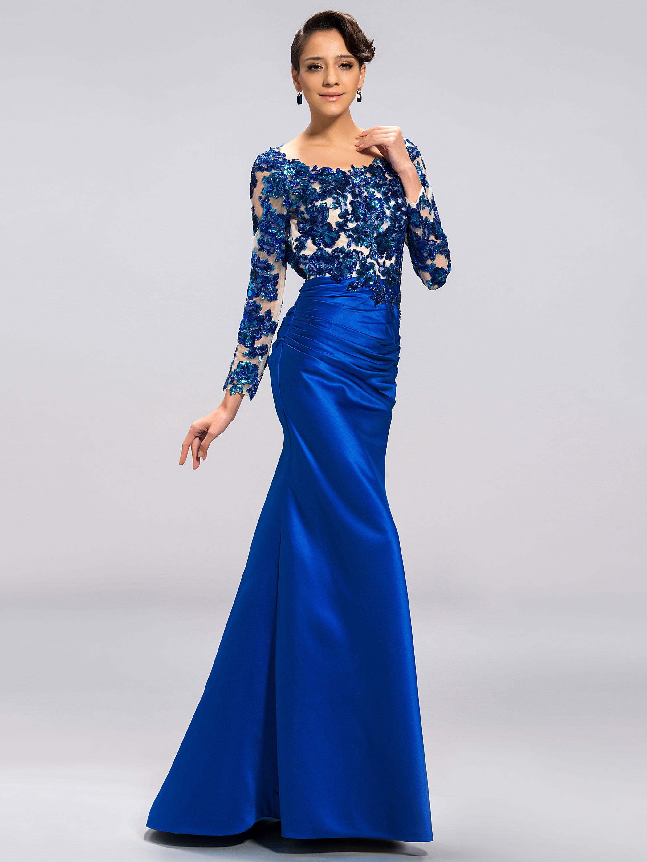 Long Sleeves Sequined Appliques Evening Dress