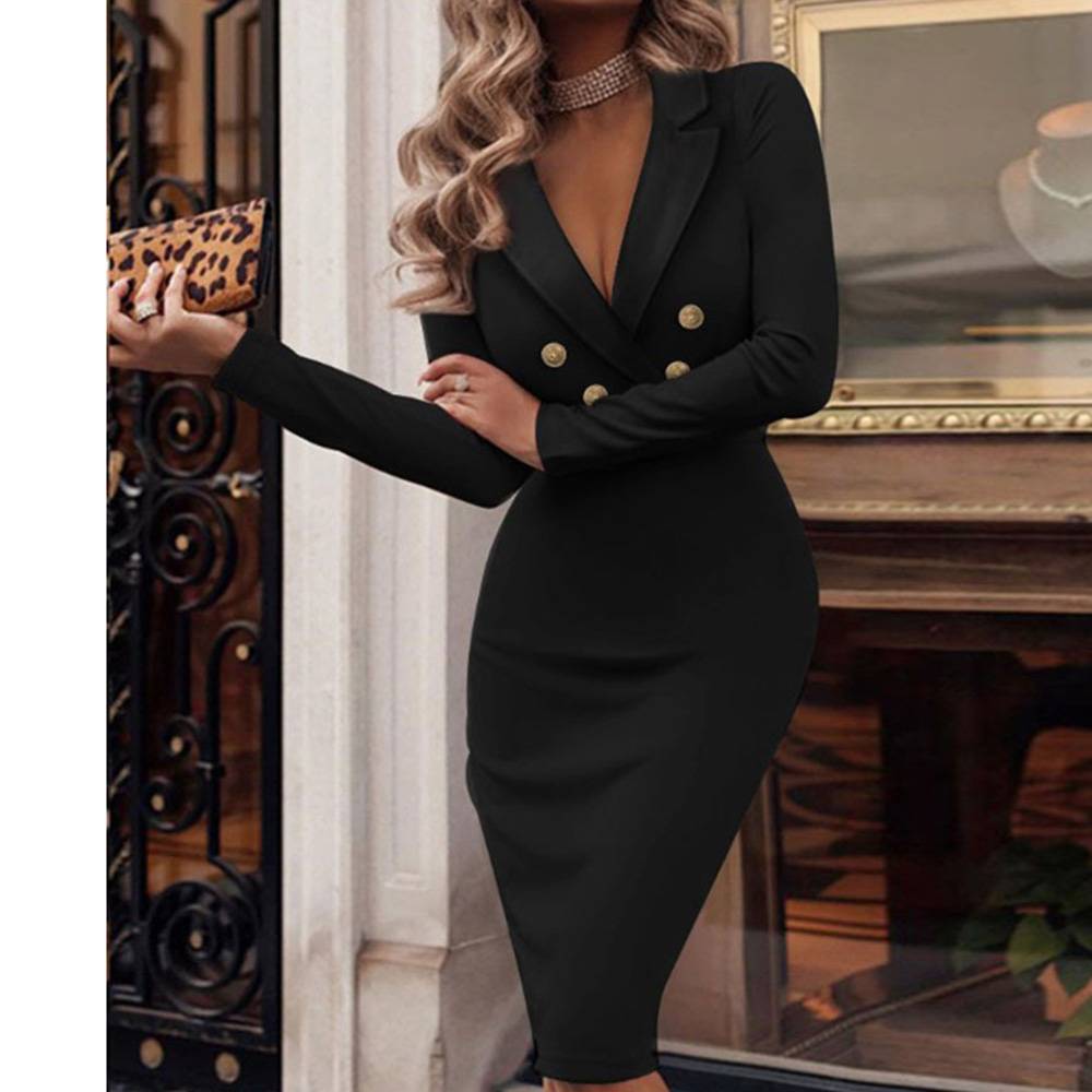 Button Knee-Length Long Sleeve High Waist Women's Dress