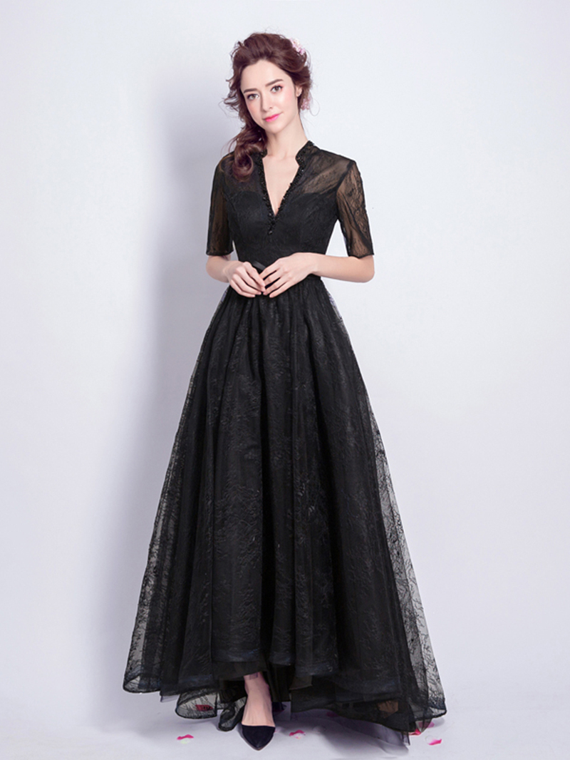 Half Sleeve Beading Ankle-Length Lace Evening Dress