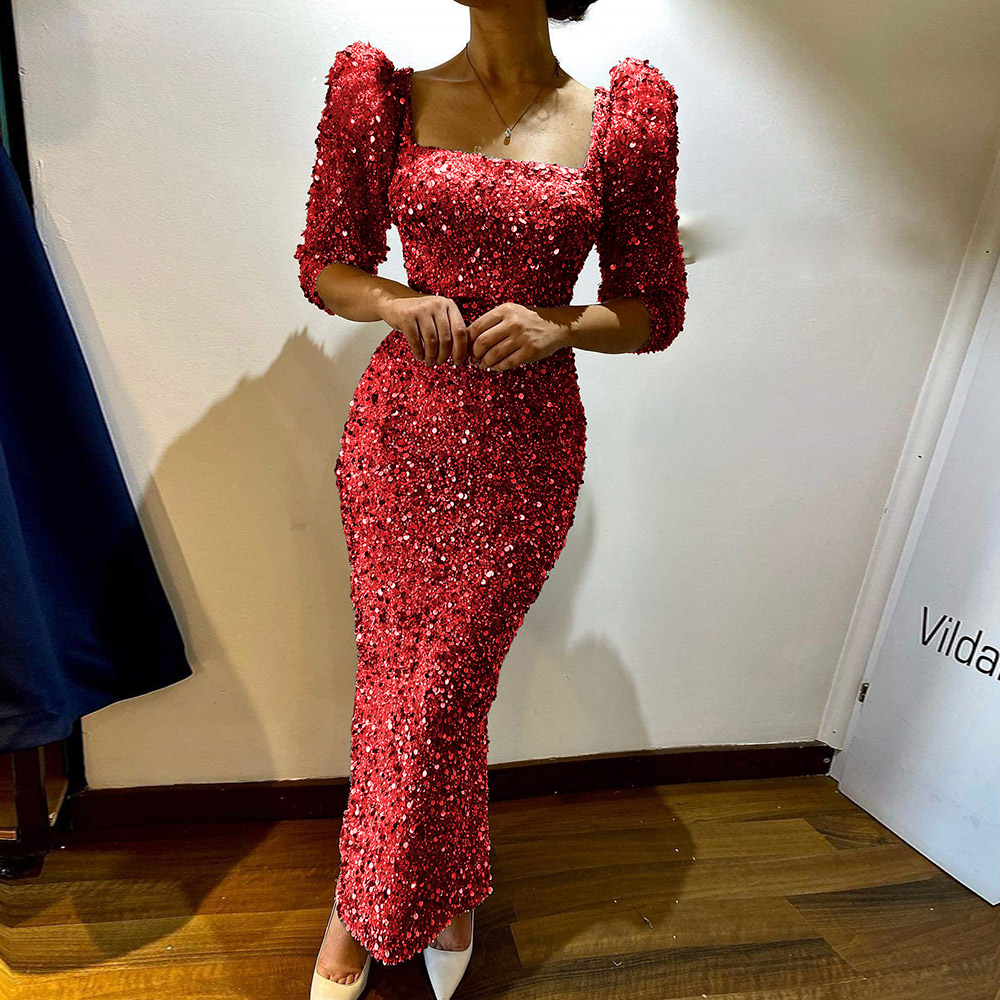 Three-Quarter Sleeve Square Neck Ankle-Length Sequins Mid Waist Women's Party Dress
