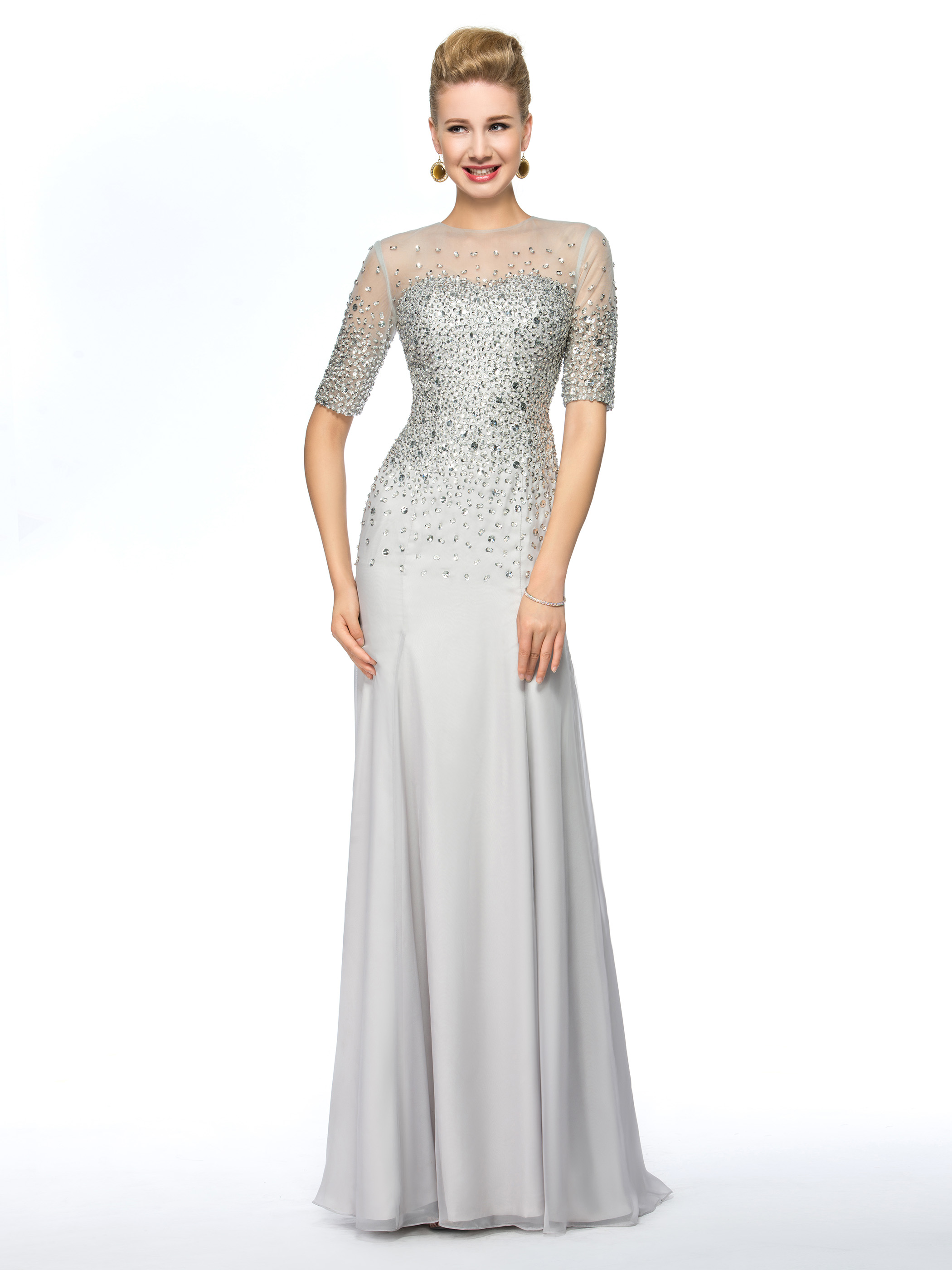 Sheath Chiffon Sequins Beading Sequins Half Sleeves Mother of the Bride Dress