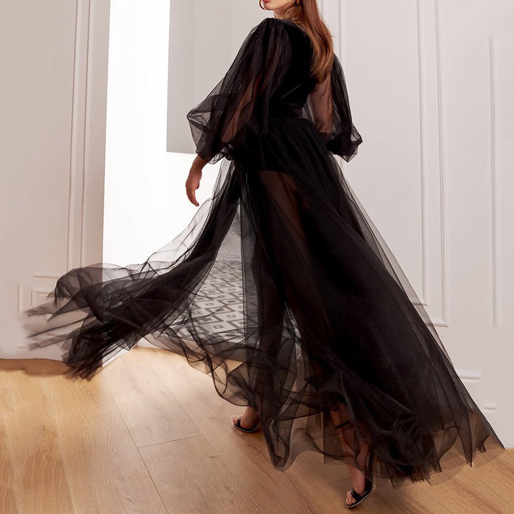 A-Line Floor-Length Long Sleeve V-Neck Split Pullover Women's Dress