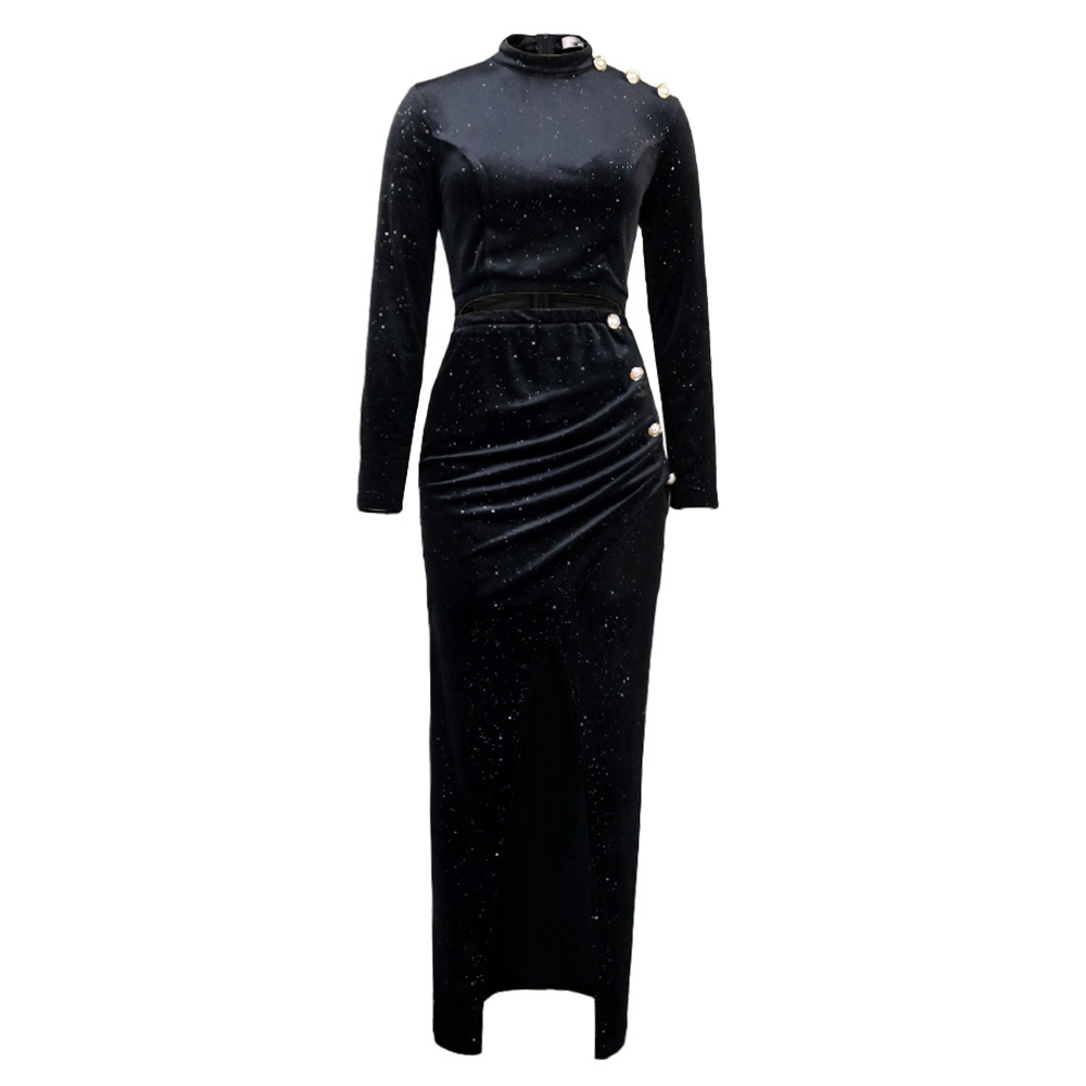 Ankle-Length Long Sleeve Stand Collar Sequins Fall Women's Dress