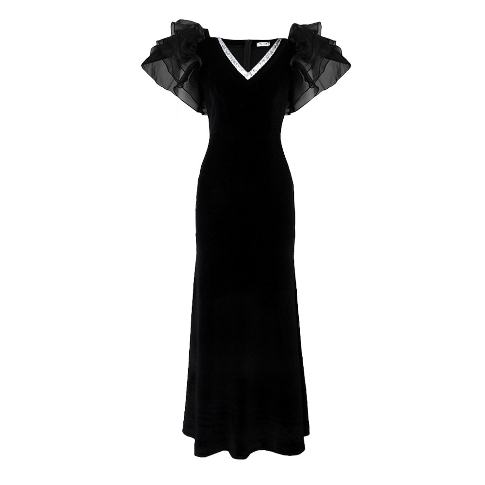 Floor-Length V-Neck Patchwork Short Sleeve Pullover Women's Dress
