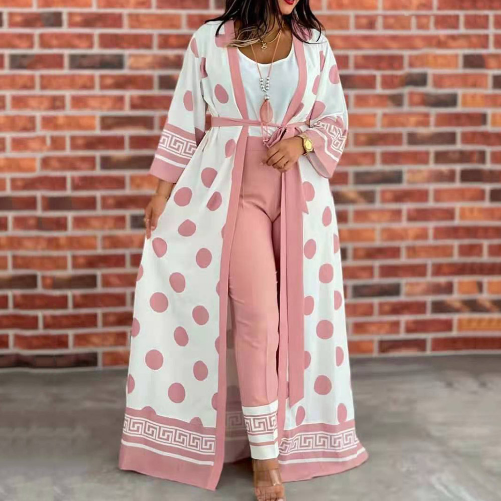 Fashion Polka Dots Lace-Up Coat Pencil Pants Women's Three Piece Sets