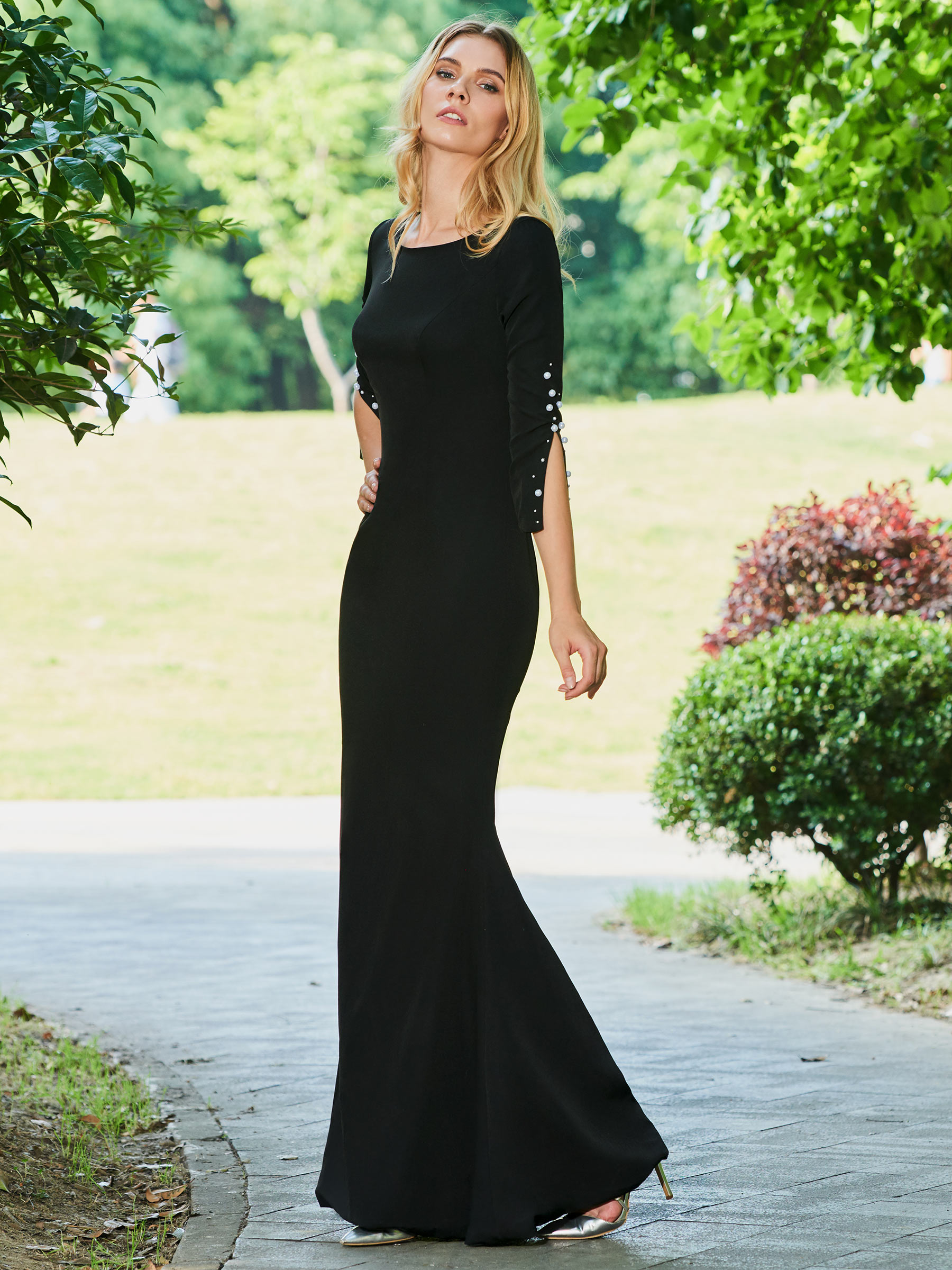 Pearls Sheath Evening Dress with Sleeves