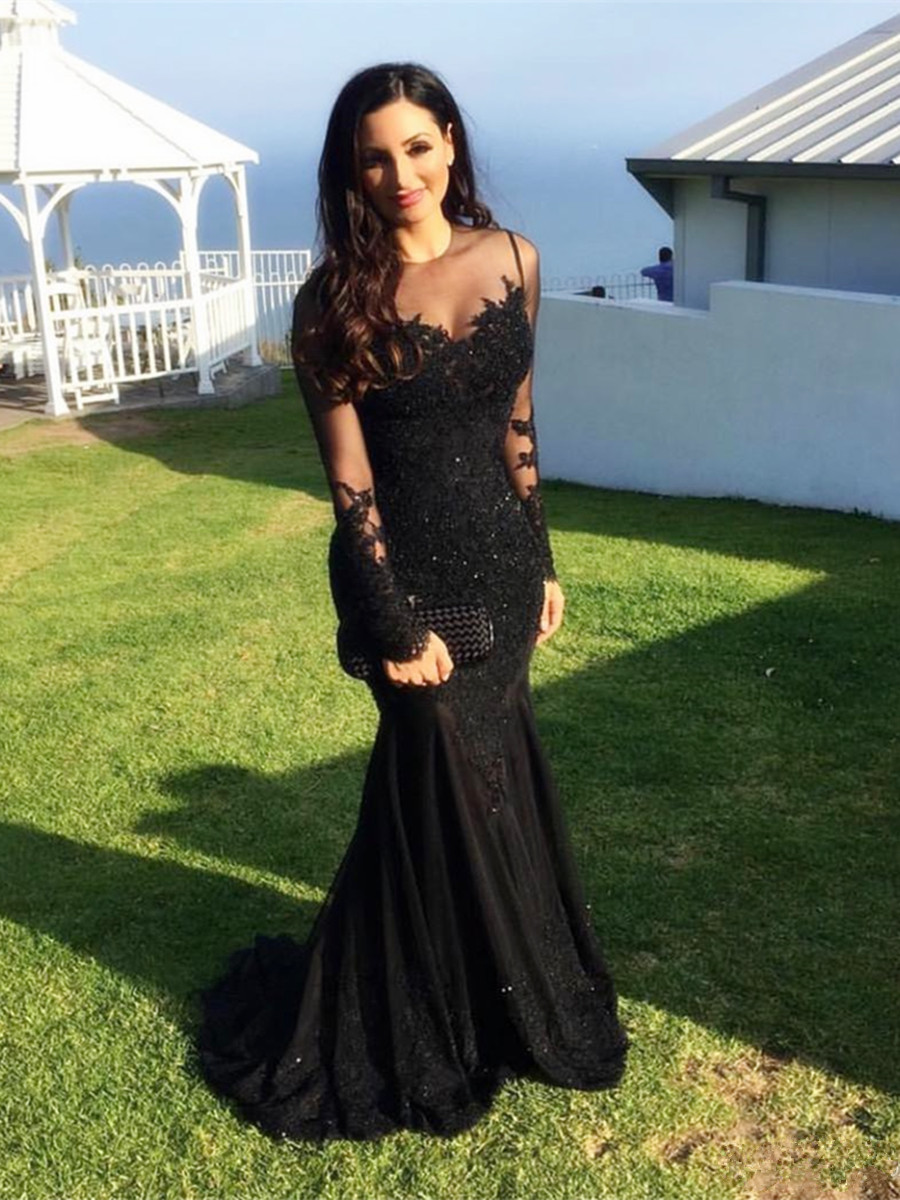 Long Sleeves Lace Appliques Beaded Mermaid Evening Dress