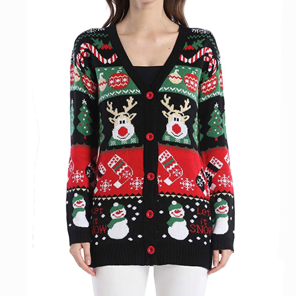Single-Breasted Patchwork V-Neck Christmas Women's Sweater