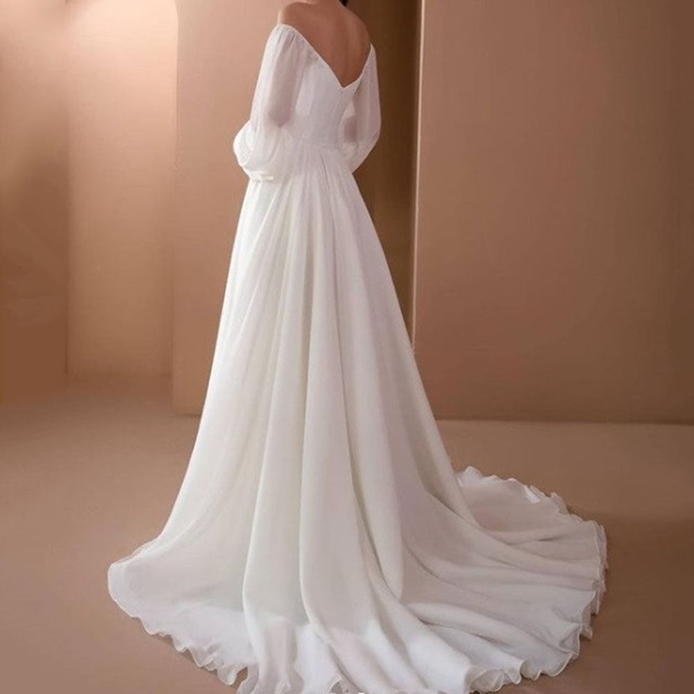 Off-The-Shoulder A-Line Floor-Length Long Sleeves Garden Wedding Dress 2022