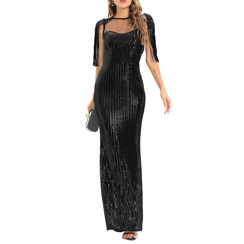 Tassel Round Neck Half Sleeve Floor-Length Mermaid Women's Dress