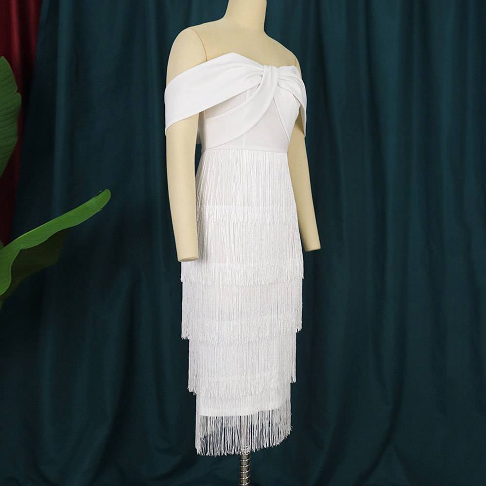 Mid-Calf Off Shoulder Short Sleeve Tassel Summer Women's Sheath Dress