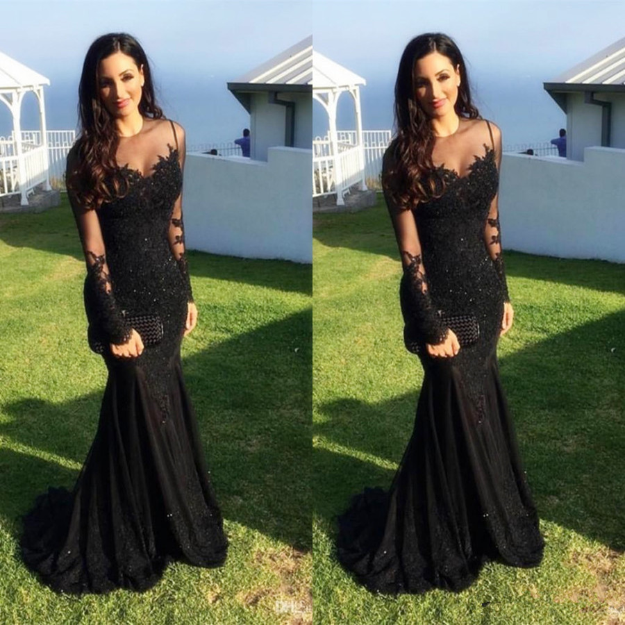 Long Sleeves Lace Appliques Beaded Mermaid Evening Dress