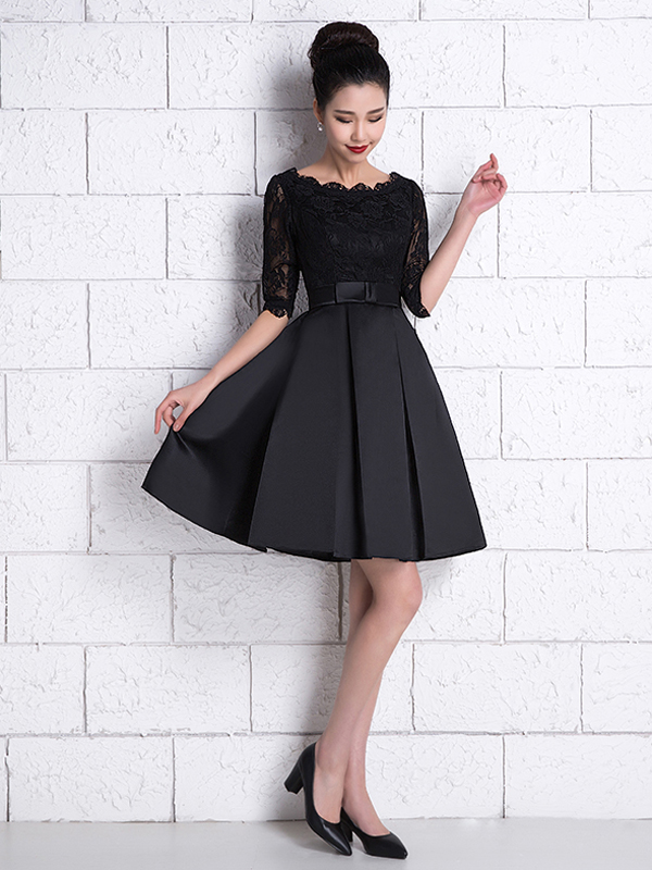 Bowknot Half Sleeve Lace Short Black Cocktail Dress