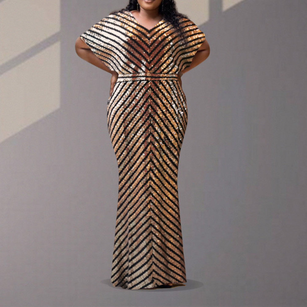 Plus Size Sequins V-Neck Floor-Length Short Sleeve High Waist Women's Dress