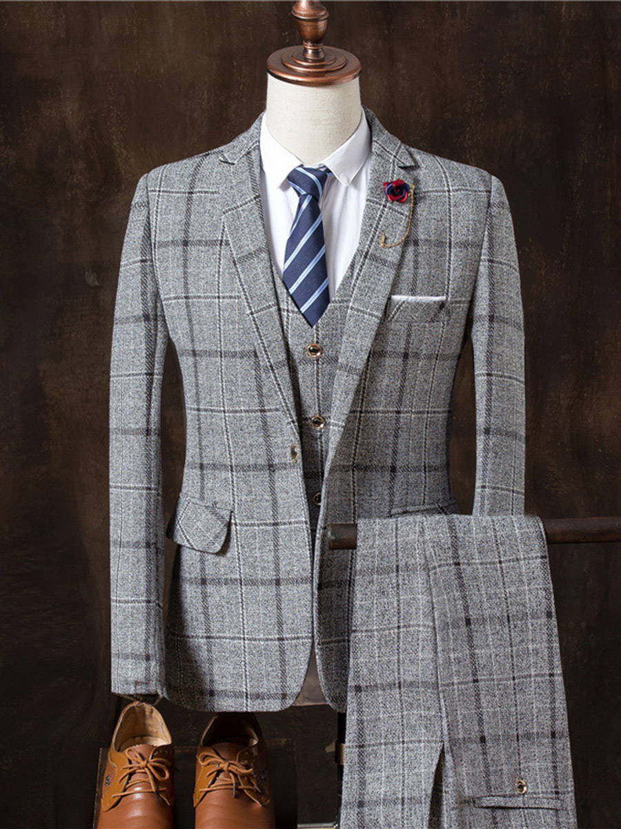 Three Pieces Sanding Plaid Collar Slim Fit Casual Men's Dress Suit