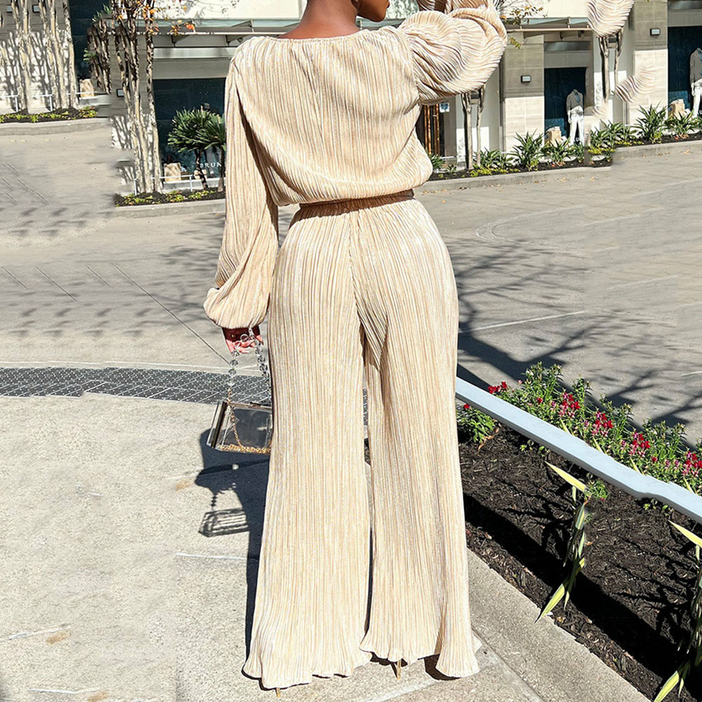 Casual Pleated Fashion Pants Round Neck Women's Two Piece Sets