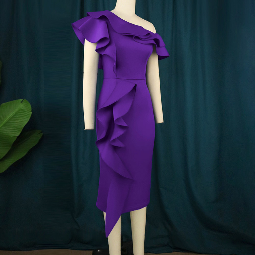 Falbala Short Sleeve Oblique Collar Mid-Calf Plain Women's Dress