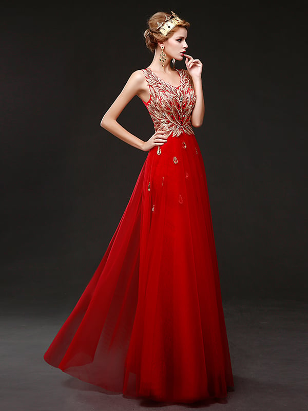 Appliques V-Neck Lace-Up Red Evening Dress