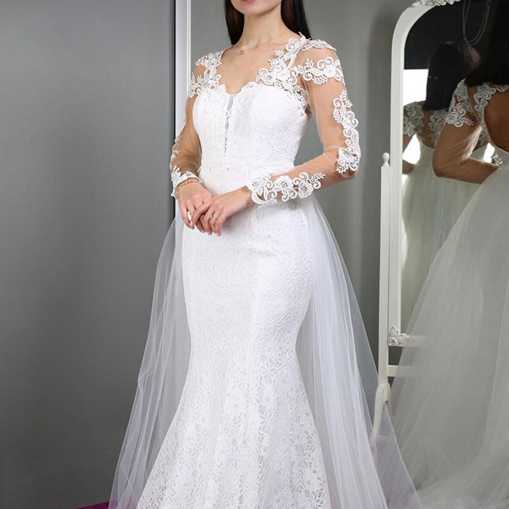 Mermaid V-Neck Lace Long Sleeves Outdoor Wedding Dress 2022