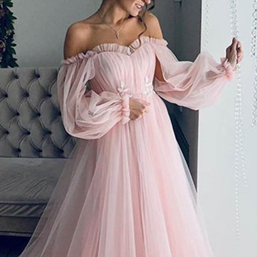 Rose Quartz Dress Off Shoulder Mesh Long Sleeve Floor-Length Plain Women's Dress