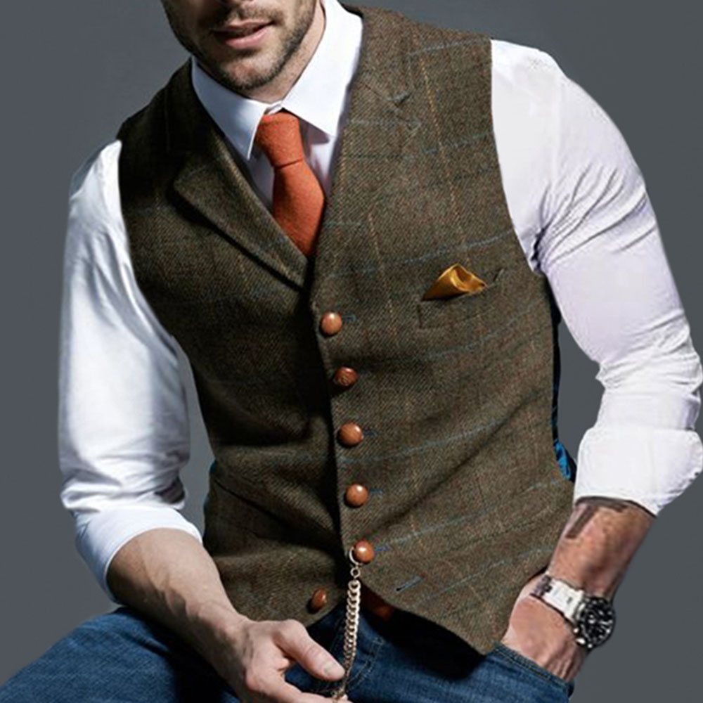 Notched Lapel Button Color Block Single-Breasted Men's Waistcoat