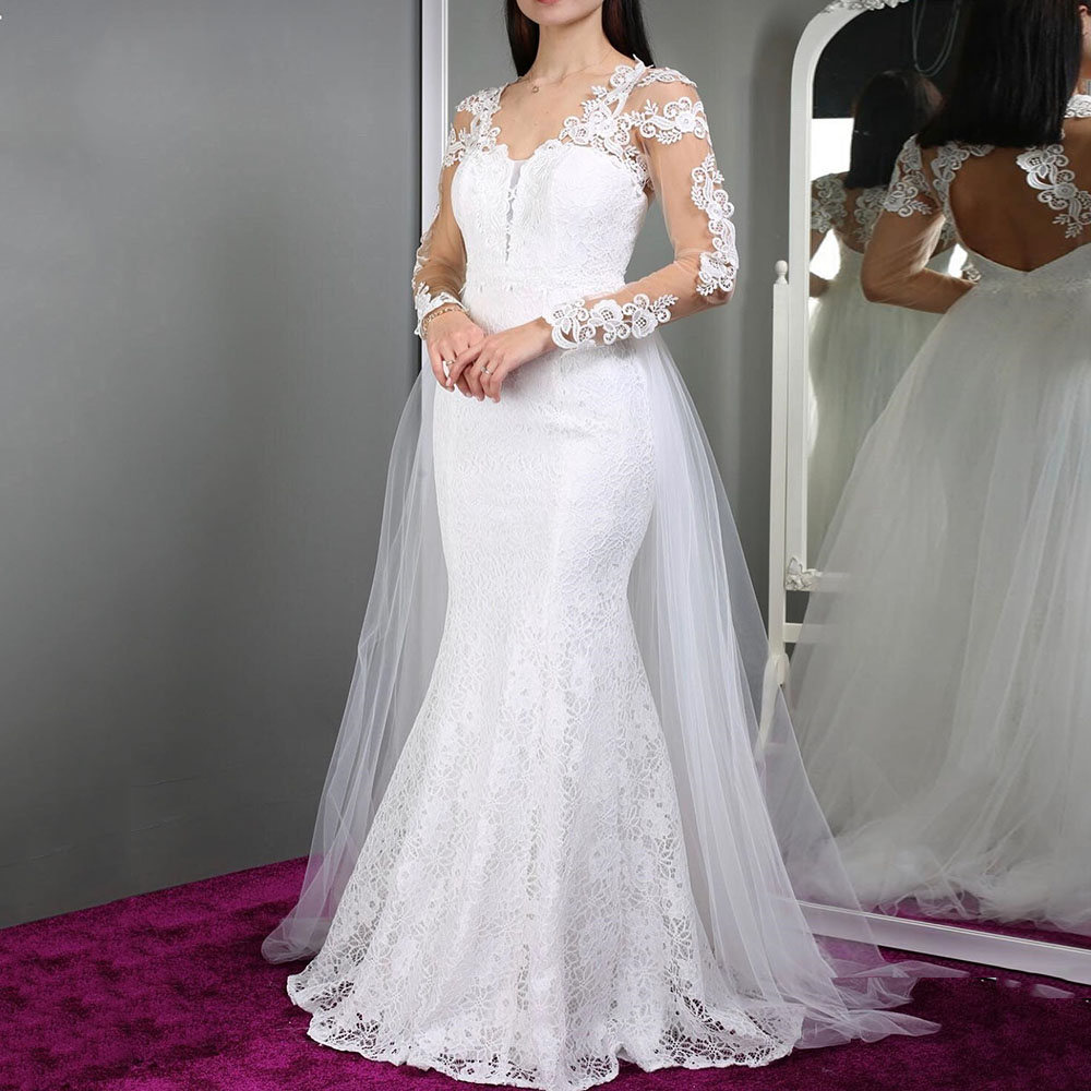 Mermaid V-Neck Lace Long Sleeves Outdoor Wedding Dress 2022