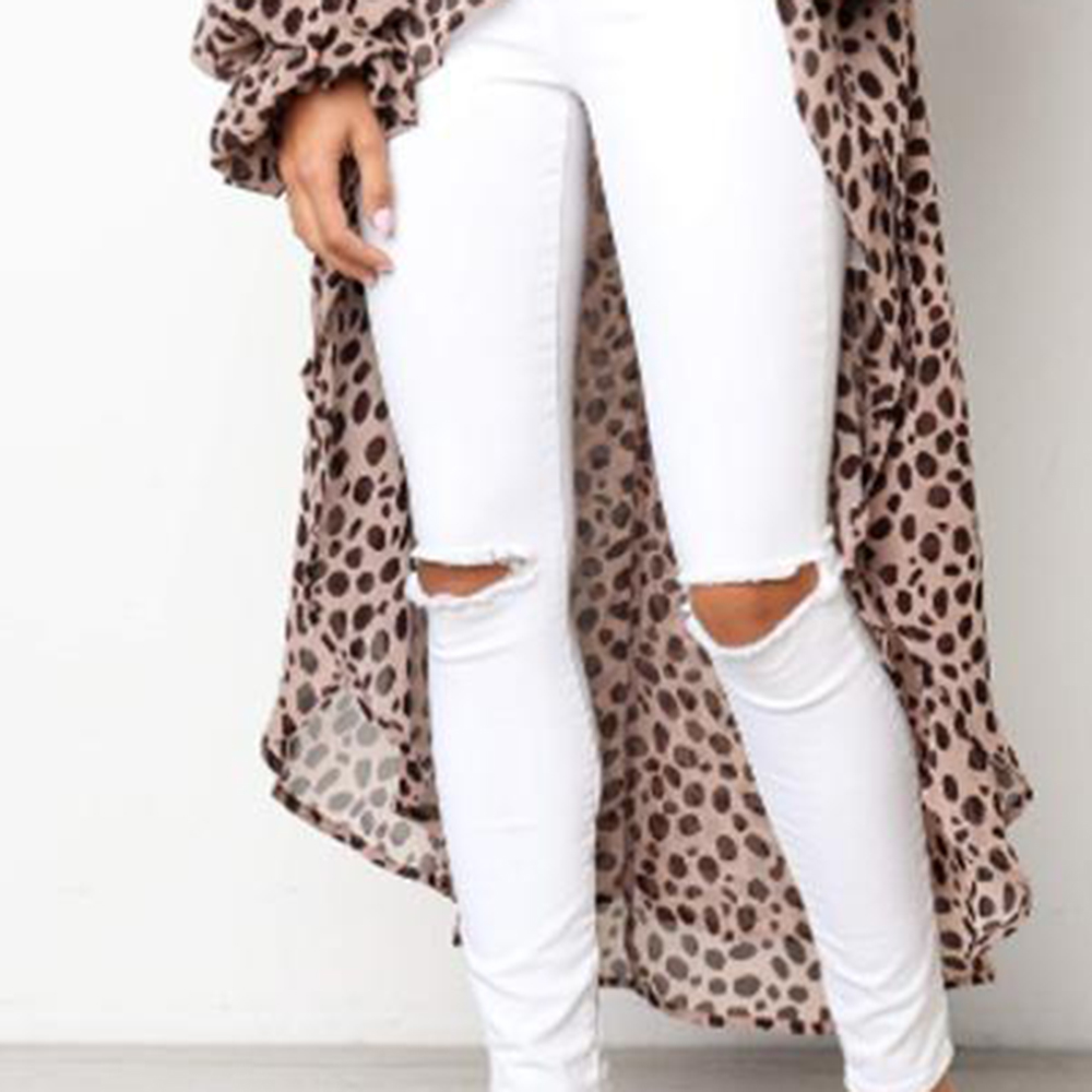 Off Shoulder Leopard Lantern Sleeve Asymmetric Women's Blouse