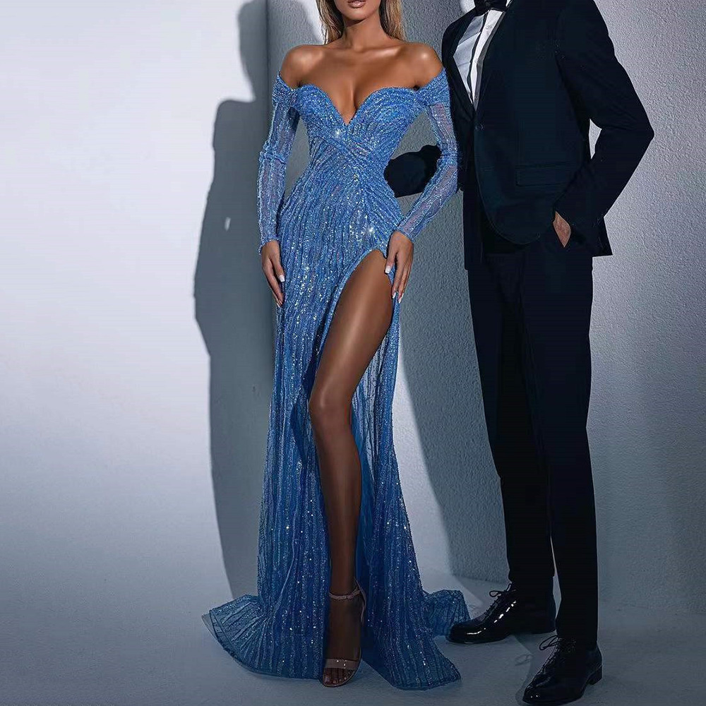Floor-Length Sheath Long Sleeves Split-Front Sequins Celebrity Dress 2022