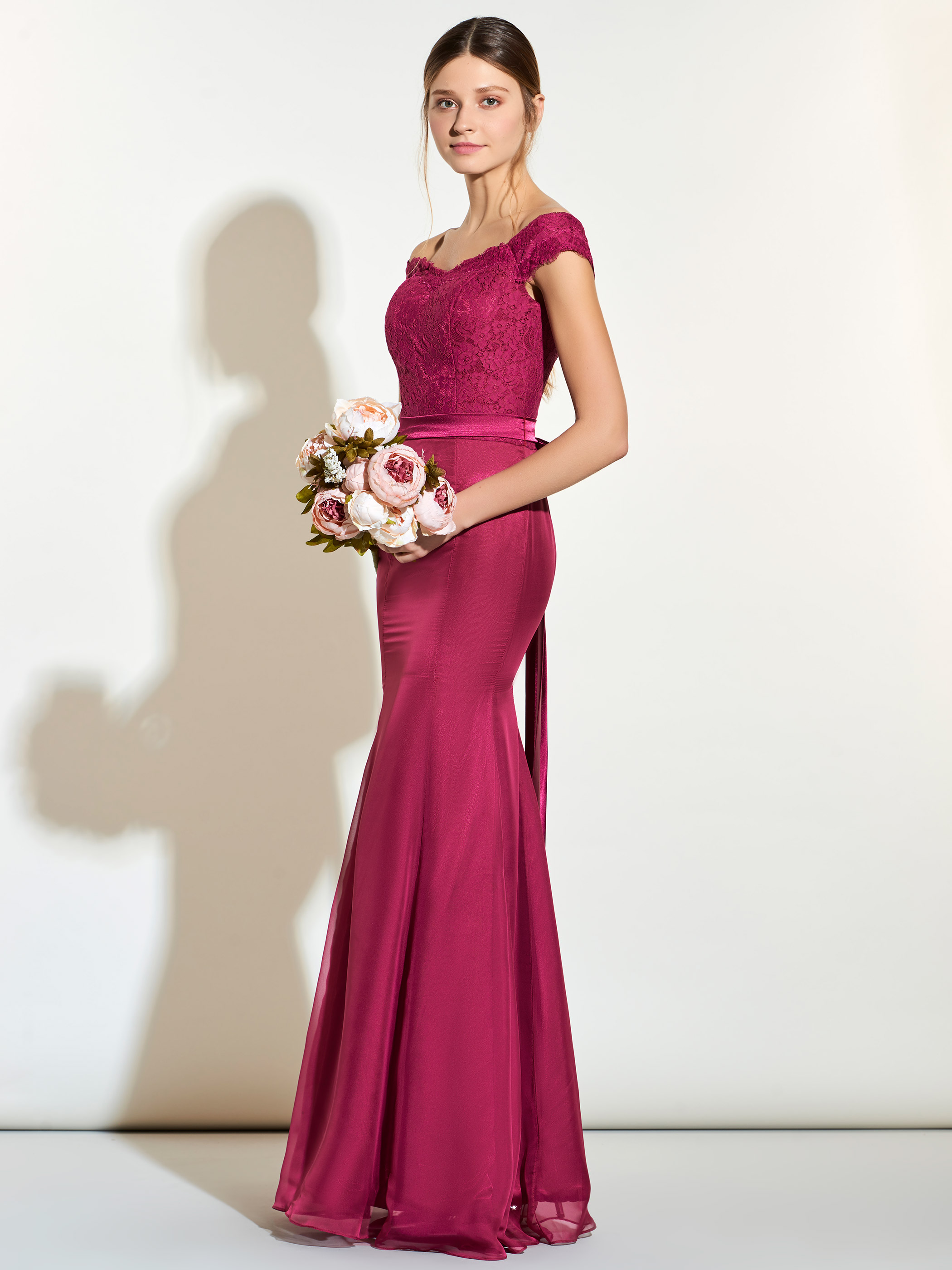 Off-The-Shoulder Lace Sashes Mermaid Bridesmaid Dress-www.tbdress.com