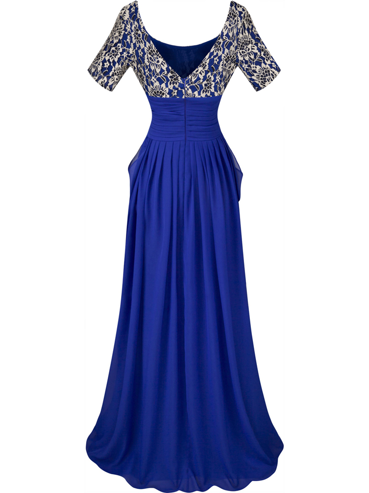 Rhinestone Brooch Lace Short Sleeves Evening Dress