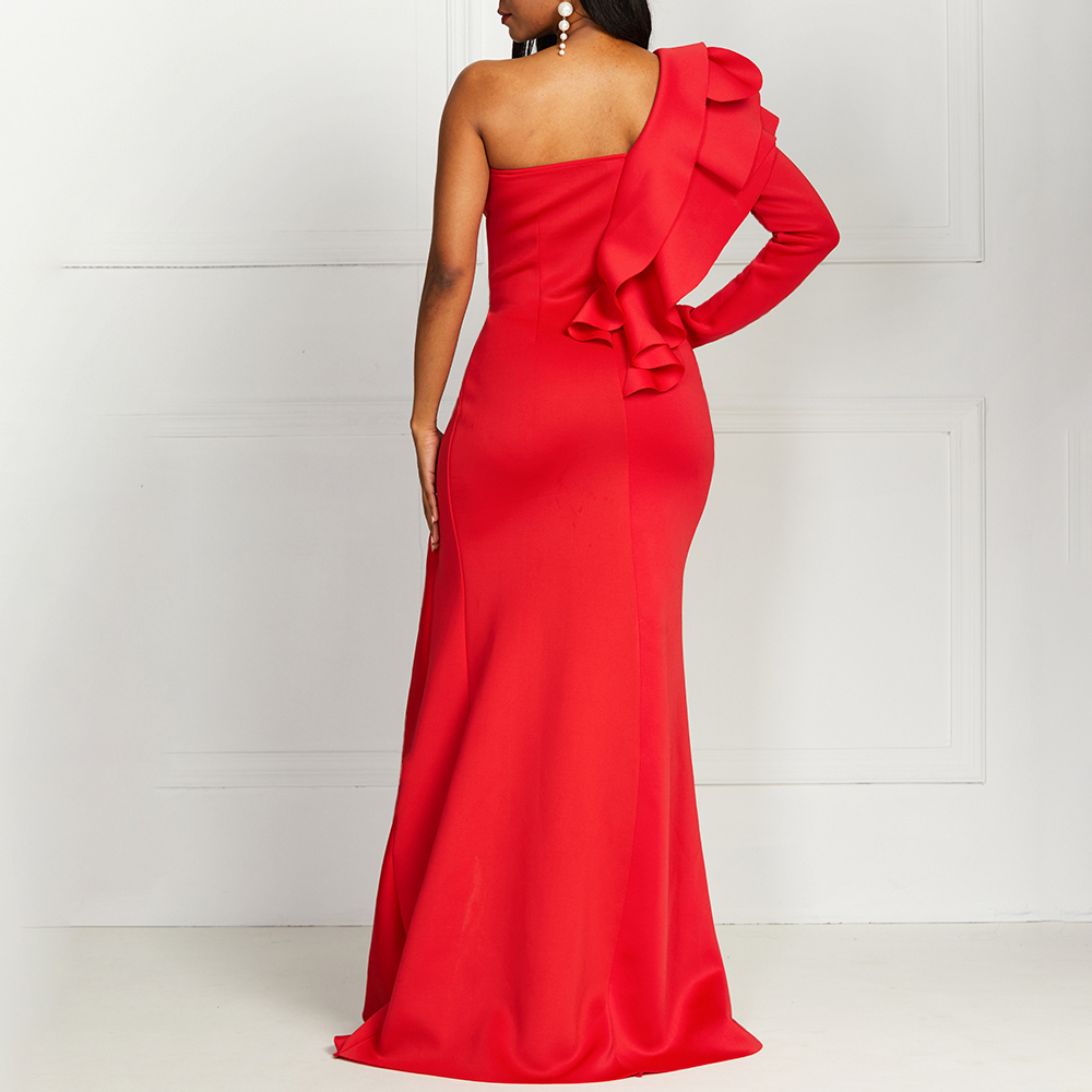 Falbala Long Sleeve One-Shoulder Asymmetric Split Women's Maxi Dress