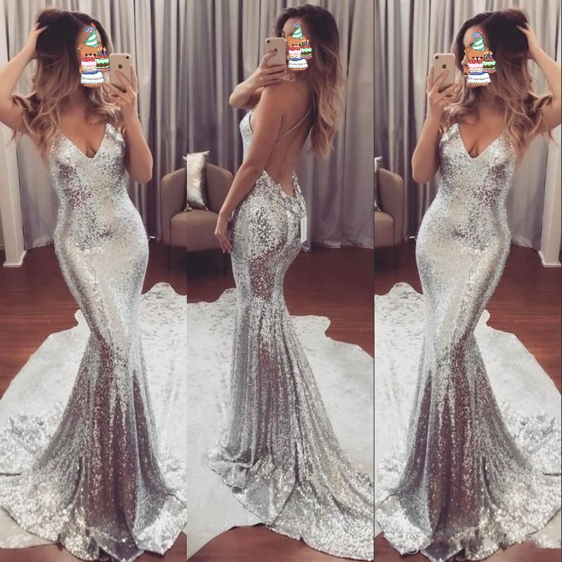 Spaghetti Straps Backless Sequins Evening Dress