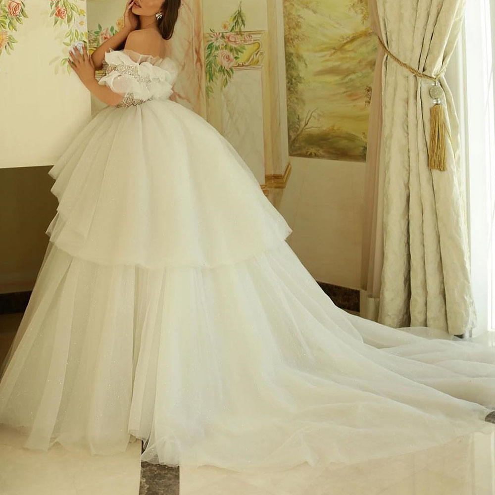 Sequins Off-The-Shoulder Floor-Length Half Sleeves Church Wedding Dress 2022