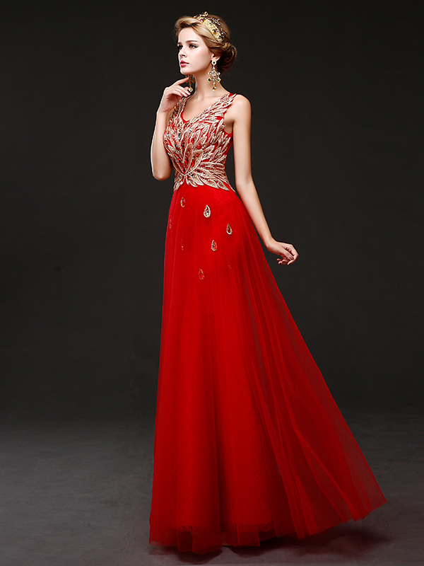 Appliques V-Neck Lace-Up Red Evening Dress