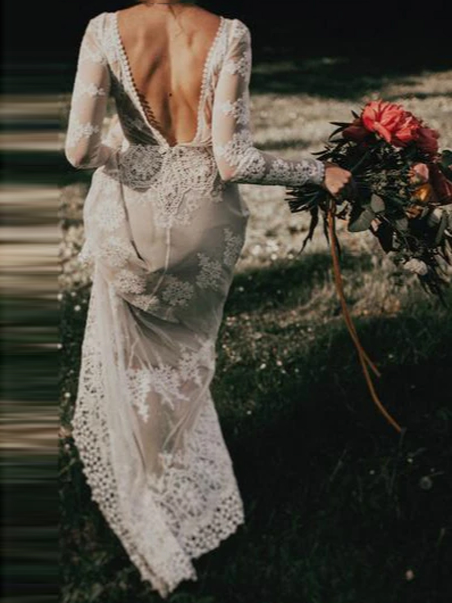 Column Lace Floor-Length Long Sleeves Beach Wedding Dress 2021